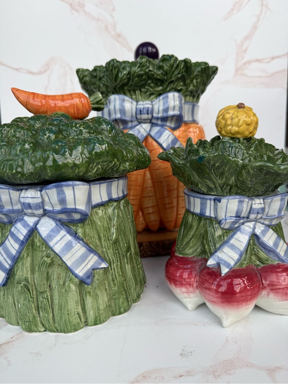 Vintage Fitz and Floyd Vegetable Bowquet Ceramic Kitchen Canister Set Majolica